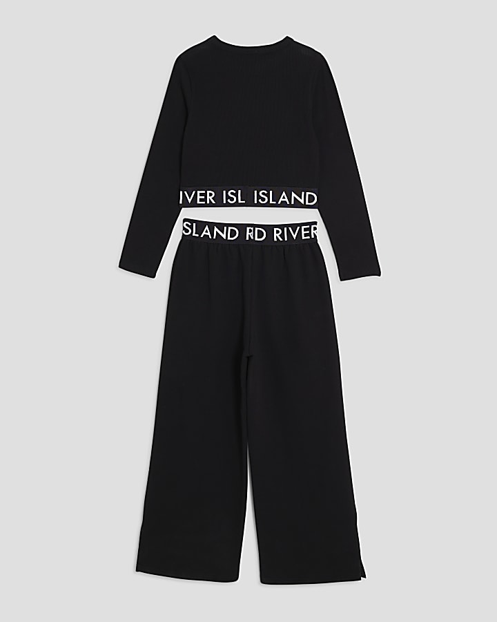 Girls Black RI Waistband Top And Joggers Set