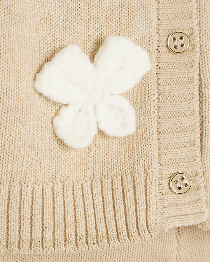 Baby Girls Beige Crochet Bow Cardigan Set