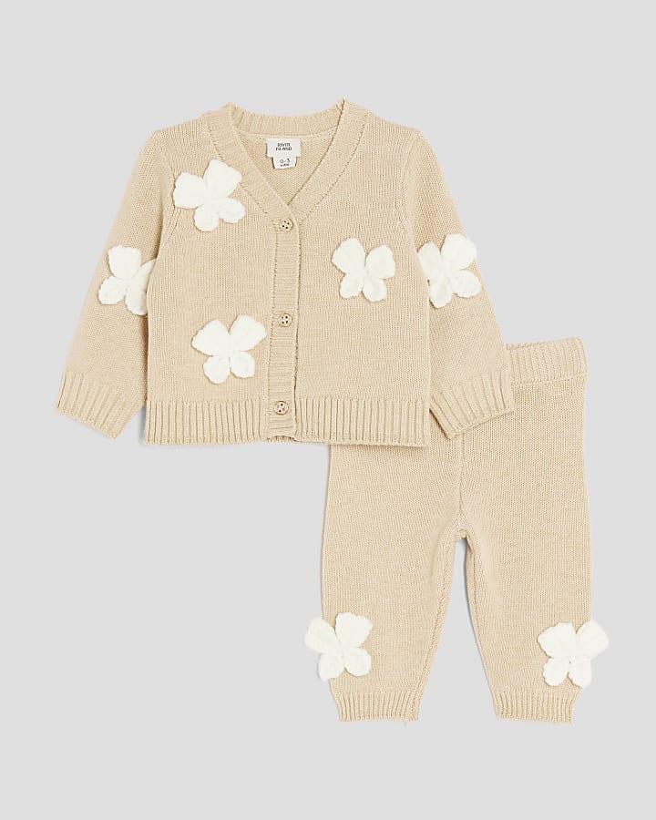 Baby Girls Beige Crochet Bow Cardigan Set