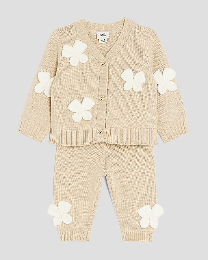 Baby Girls Beige Crochet Bow Cardigan Set