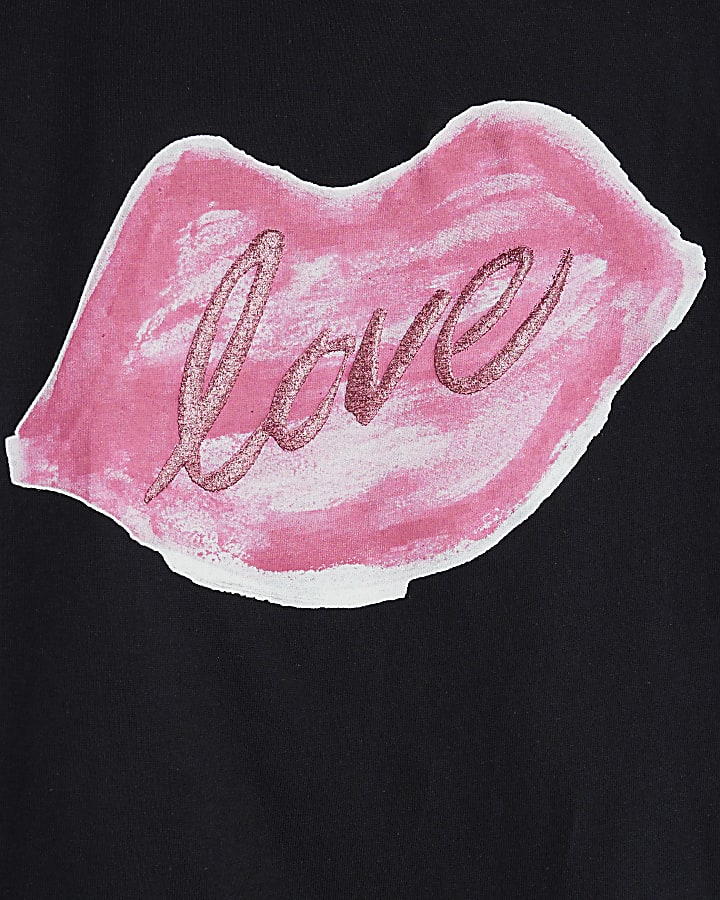 Girls Black Glitter Lips T-Shirt