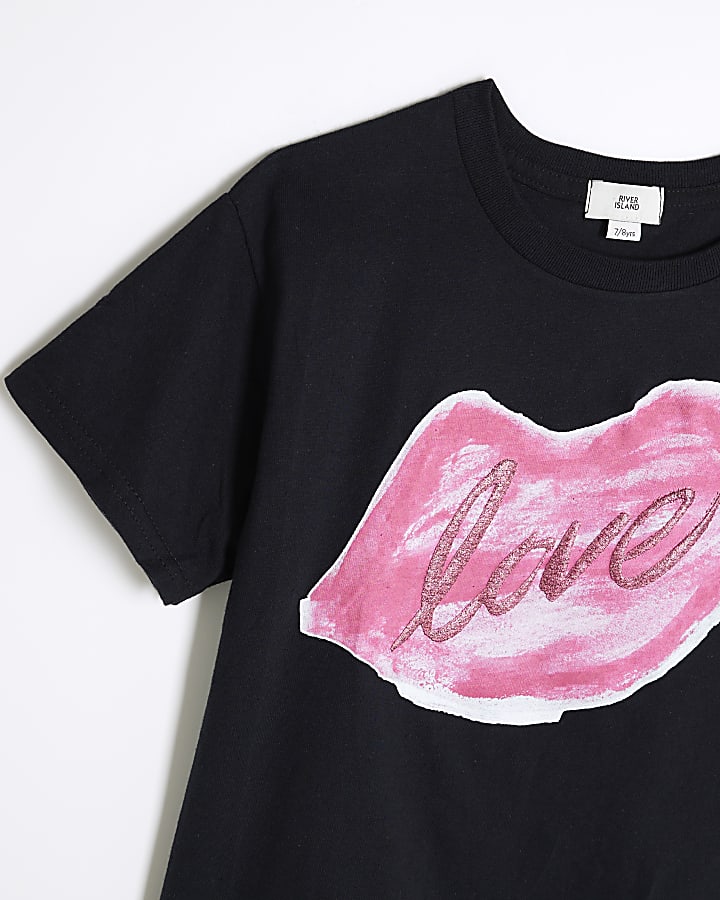 Girls Black Glitter Lips T-Shirt