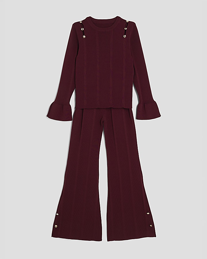 Girls Red Buttoned Long Sleeve Top Set