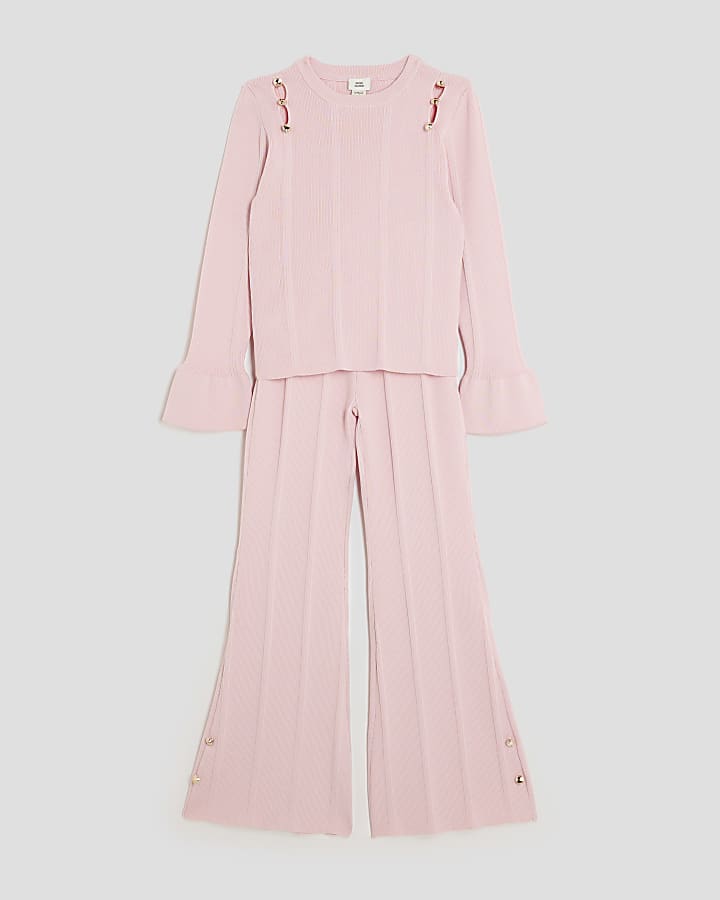 Girls Pink Buttoned Long Sleeve Top Set