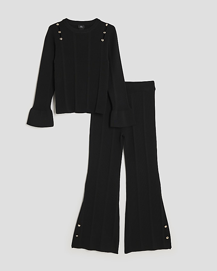 Girls Black Buttoned Long Sleeve Top Set