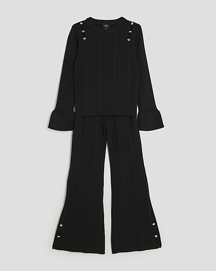Girls Black Buttoned Long Sleeve Top Set