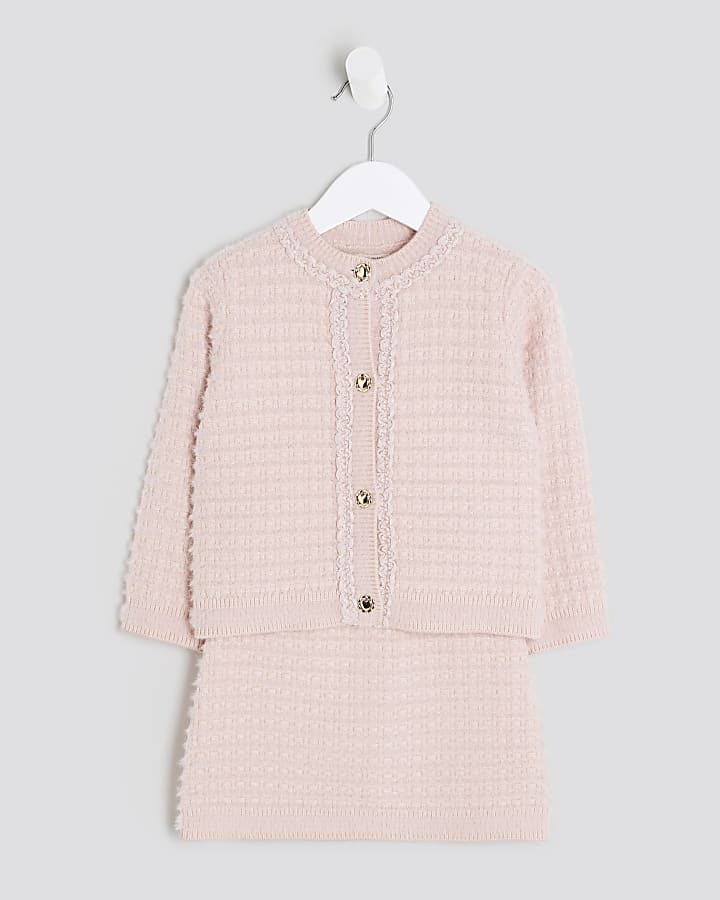 Mini Girls Pink Fluffy Boucle Cardigan Set