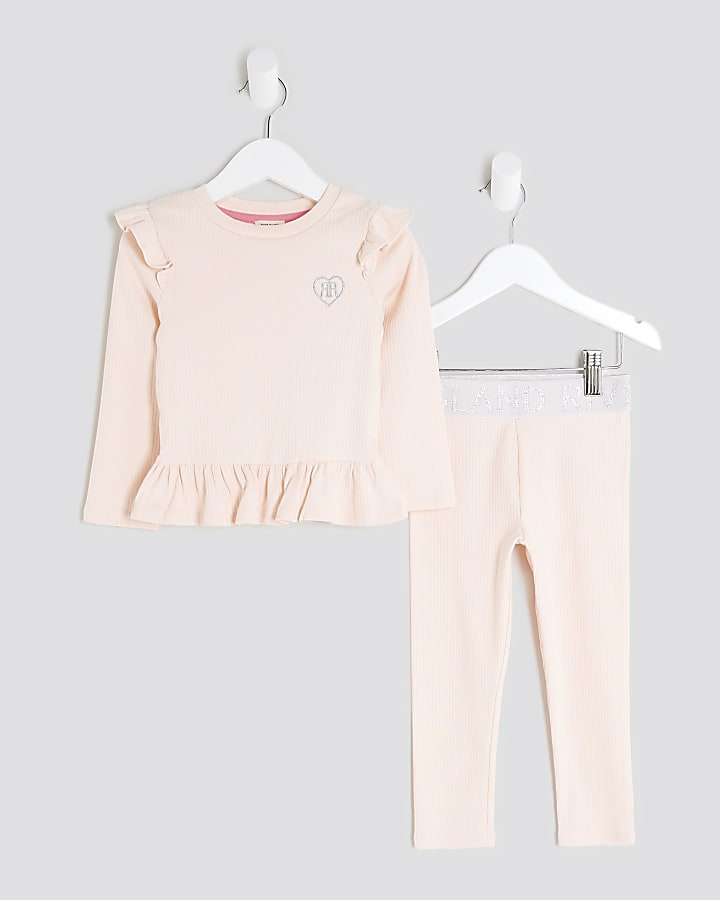 Mini Girls Pink RI Waistband Ribbed Top Set