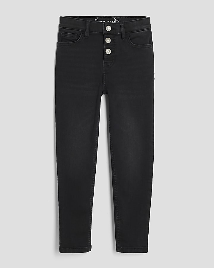 Girls Black Skinny Fit Button Front Jeans