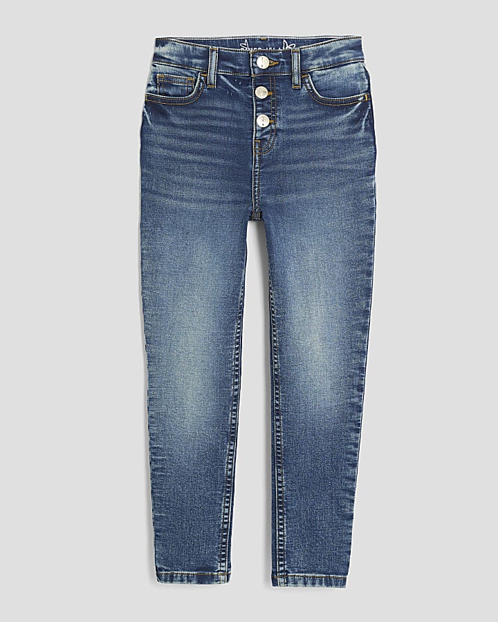 Girls Blue Skinny Fit Button Front Jeans