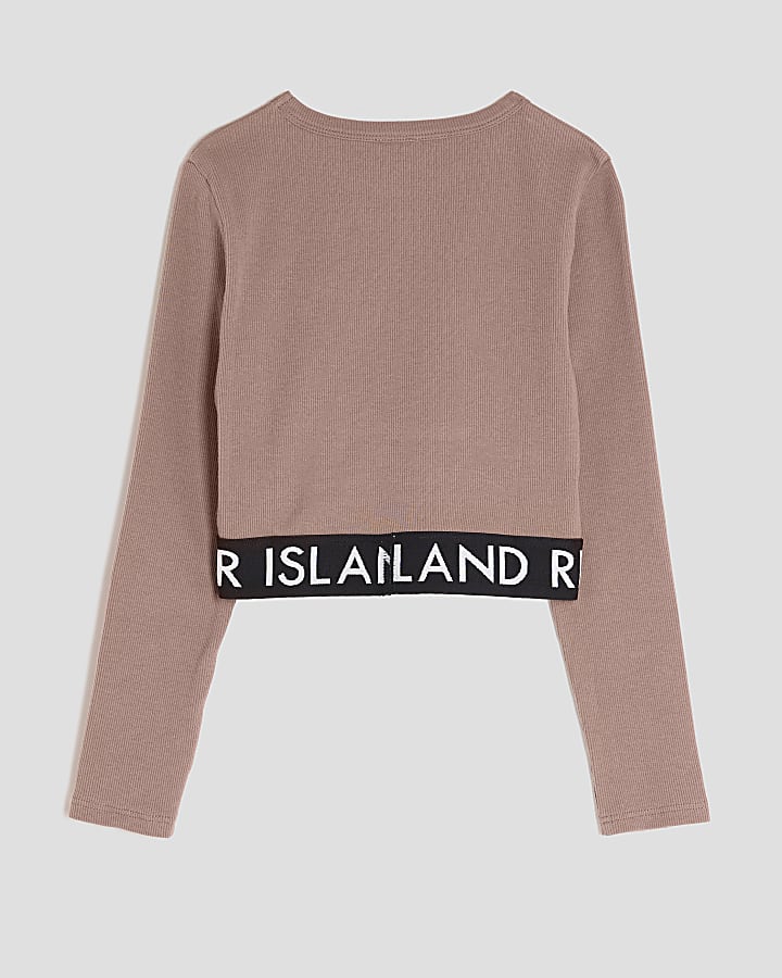 Girls Brown Ribbed RI Long Sleeve Top