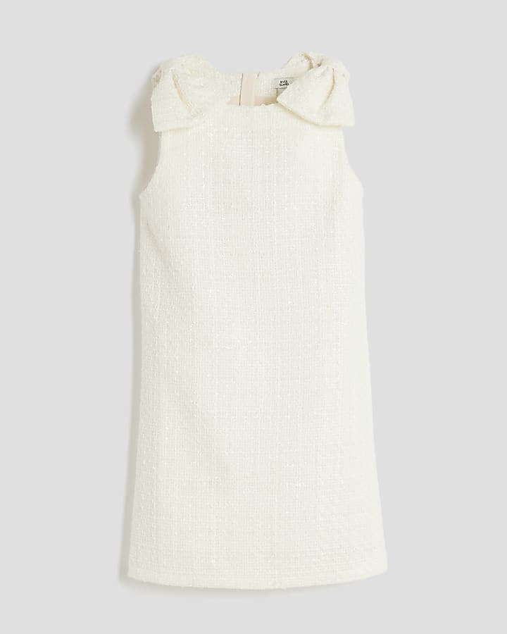 Girls Cream Check Boucle Bow Shift Dress