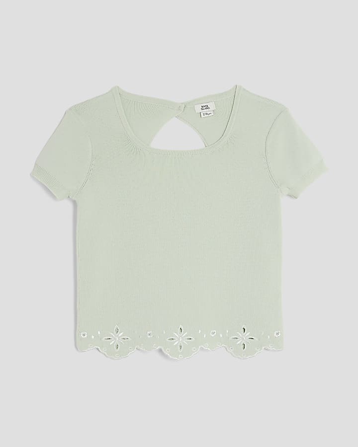 Girls Green Embroidered Hem Top