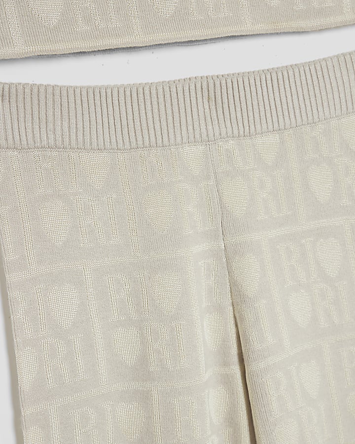 Girls Beige Monogram Wide Leg Trousers Set