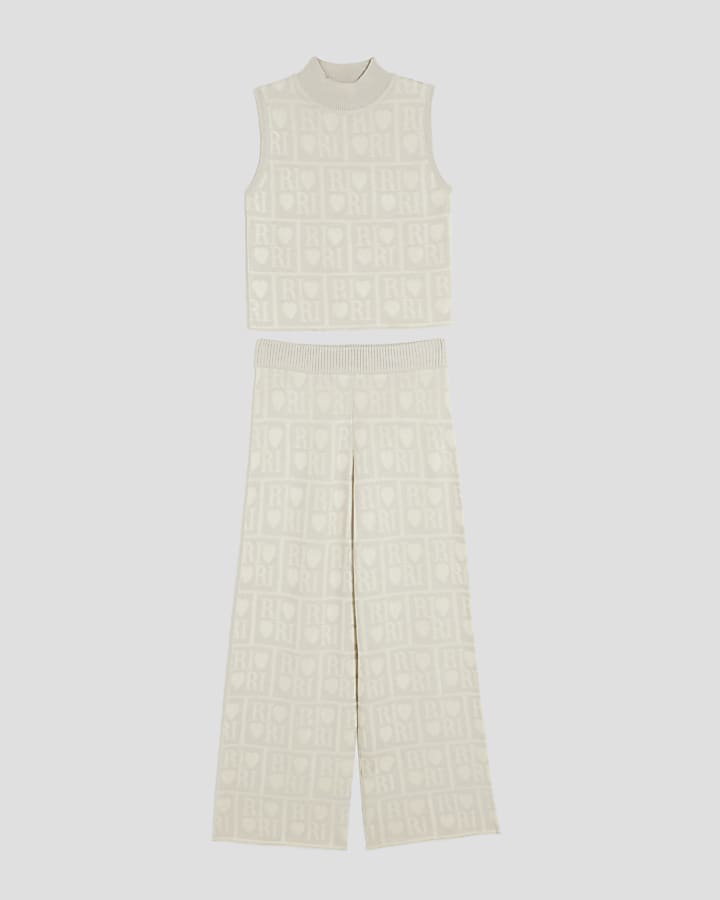Girls Beige Monogram Wide Leg Trousers Set