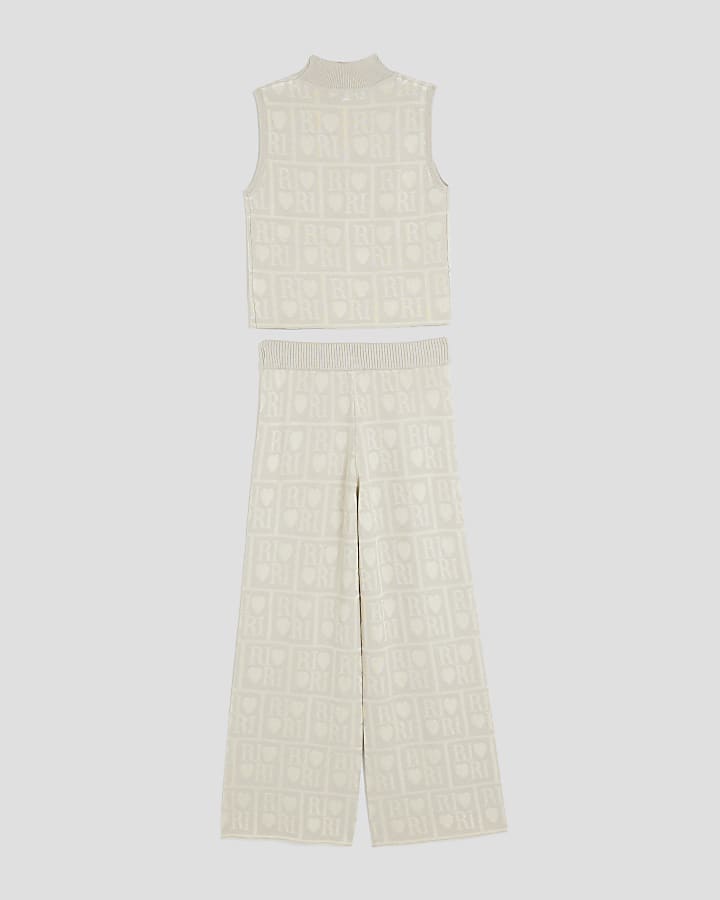 Girls Beige Monogram Wide Leg Trousers Set
