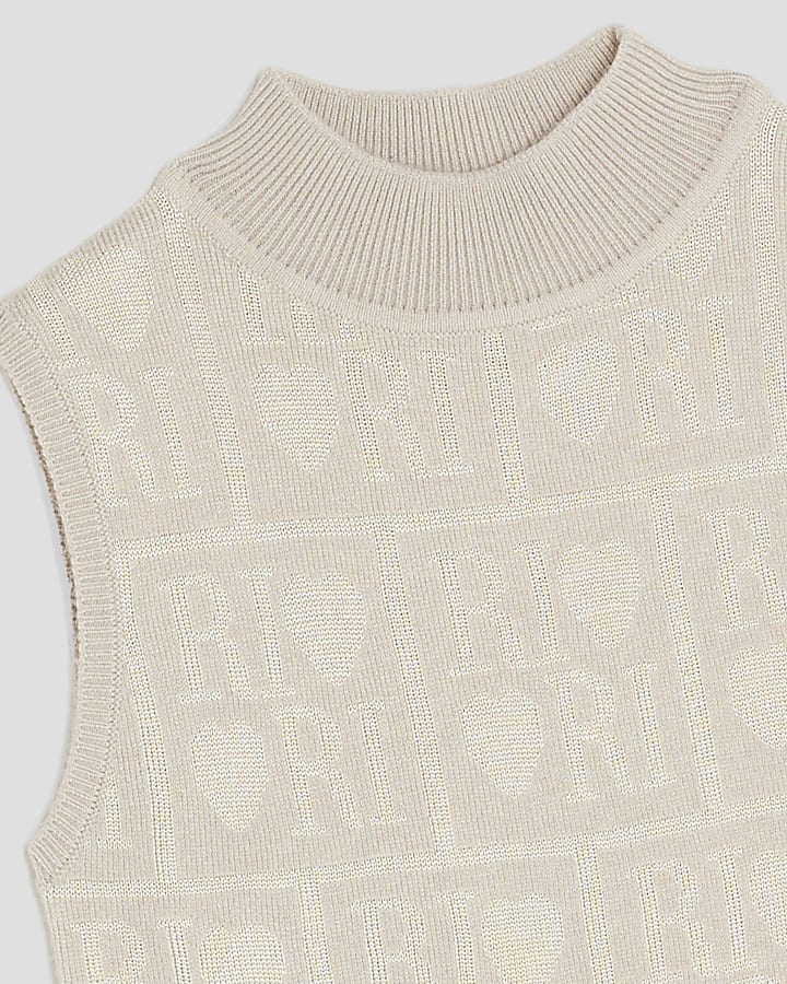 Girls Beige RI Monogram Belted Dress
