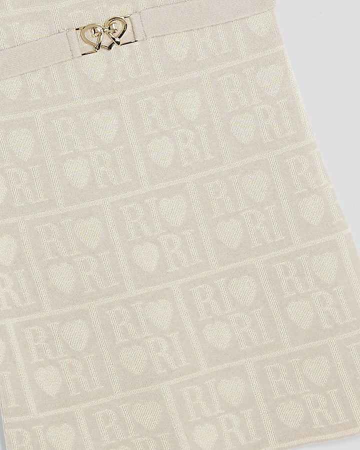 Girls Beige RI Monogram Belted Dress