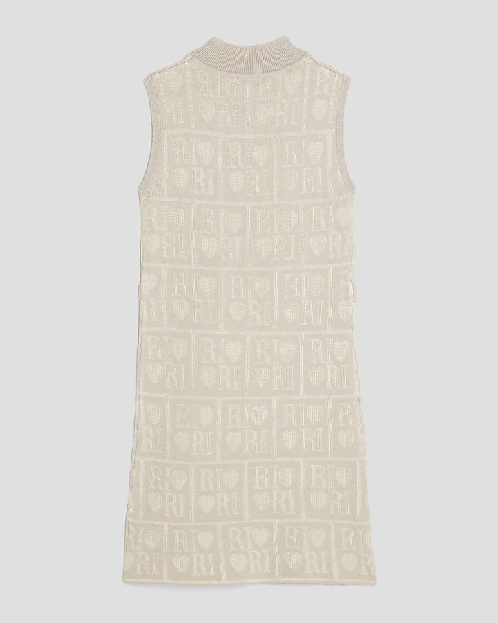 Girls Beige RI Monogram Belted Dress