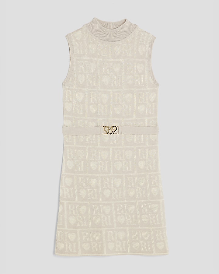 Girls Beige RI Monogram Belted Dress