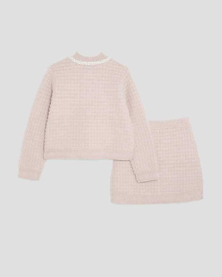 Girls Pink Boucle Cardigan And Skirt Set