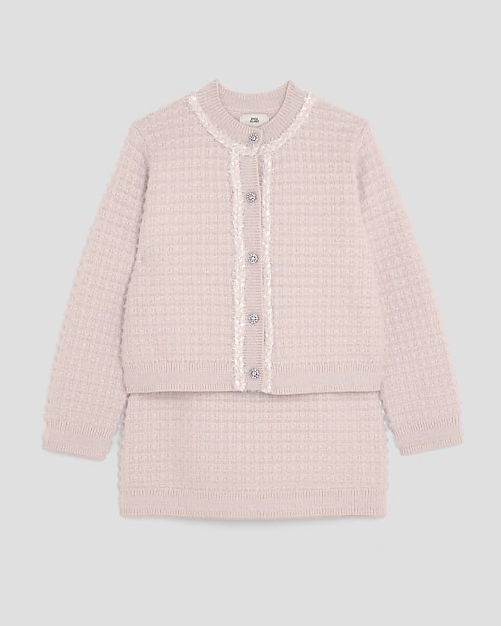 Girls Pink Boucle Cardigan And Skirt Set