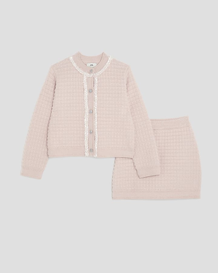 Girls Pink Boucle Cardigan And Skirt Set