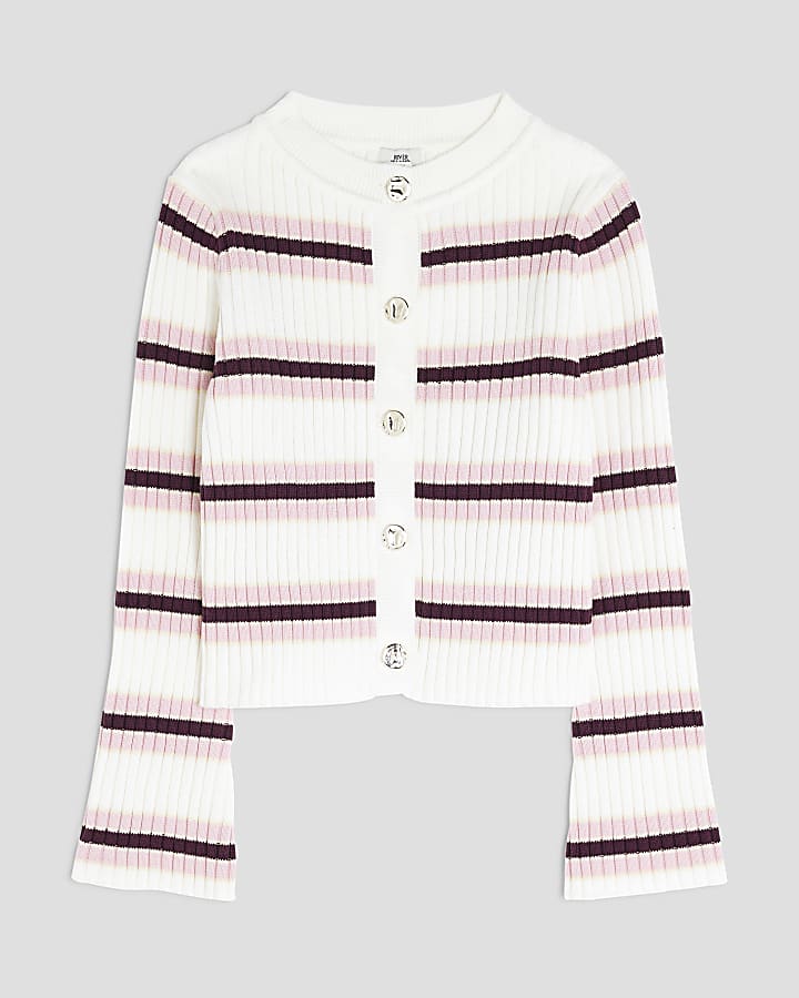Girls Cream Striped Knitted Cardigan