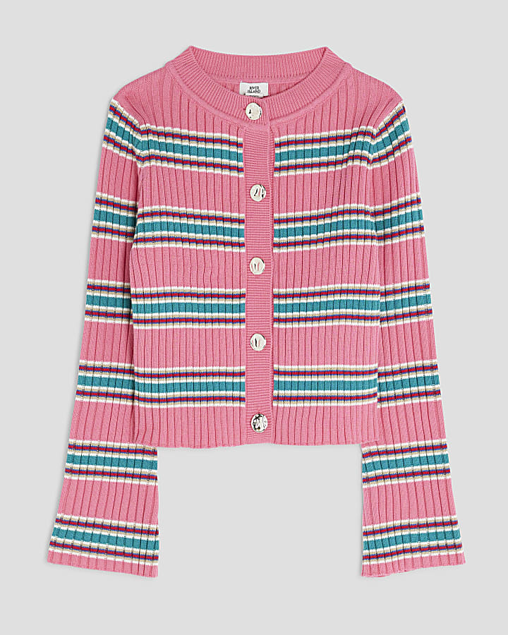Girls Pink Striped Knitted Cardigan