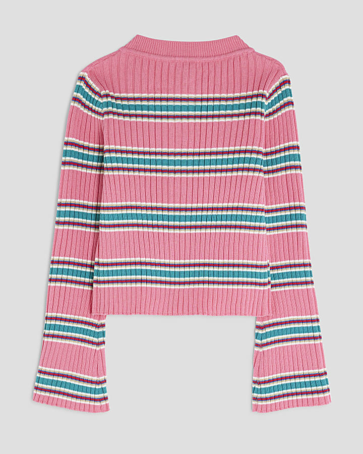 Girls Pink Striped Knitted Cardigan