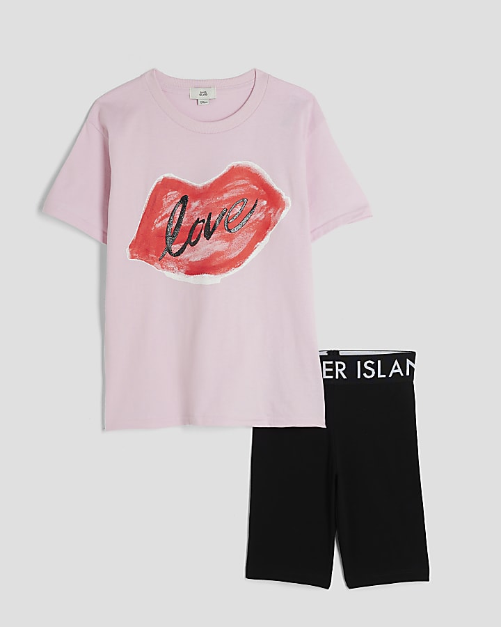 Girls Pink Lips T-shirt And Shorts Set