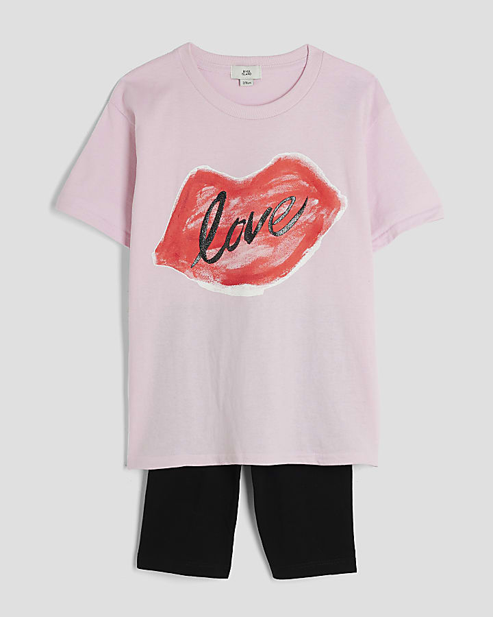 Girls Pink Lips T-shirt And Shorts Set