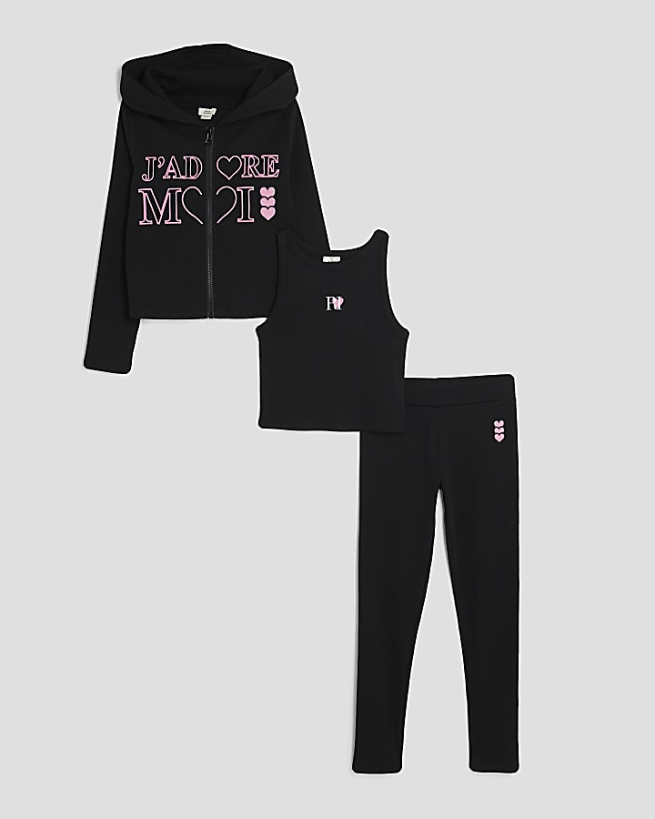 Girls Black Zip Through Hoodie 3 Piece Set