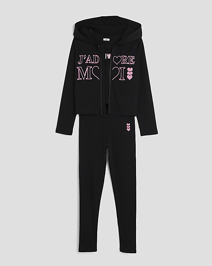 Girls Black Zip Through Hoodie 3 Piece Set