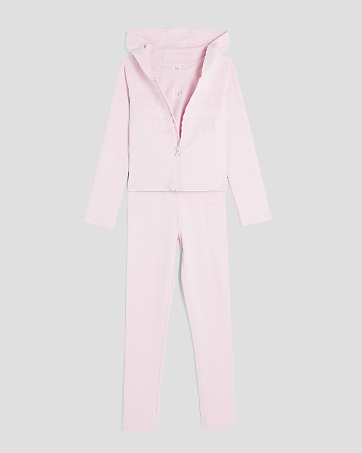 Girls Pink 3 piece Zip Thru and Leggings Set