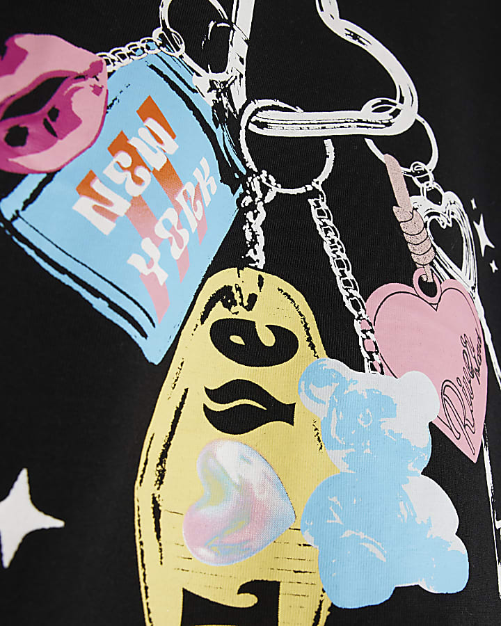 Girls Black Graphic T-Shirt Set