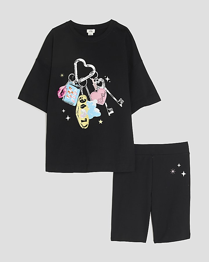 Girls Black Graphic T-Shirt Set
