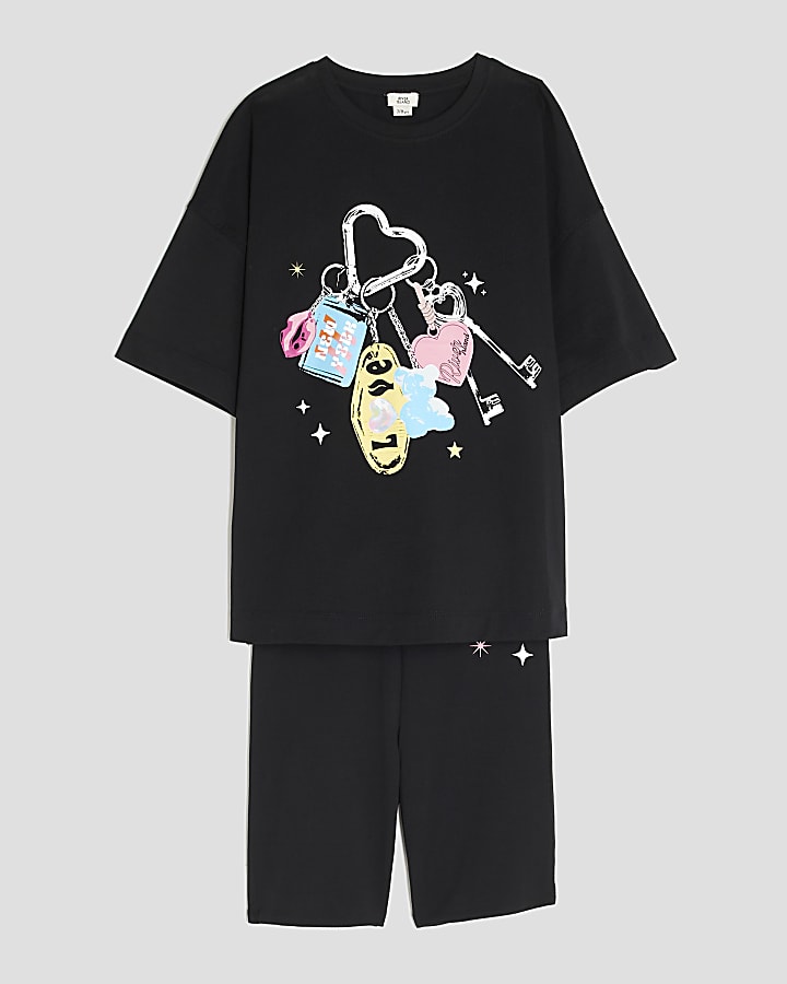 Girls Black Graphic T-Shirt Set