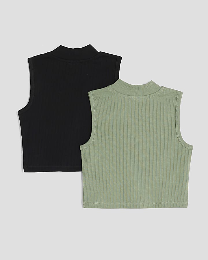 Girls Khaki Pack Of 2 High Neck Tank Tops