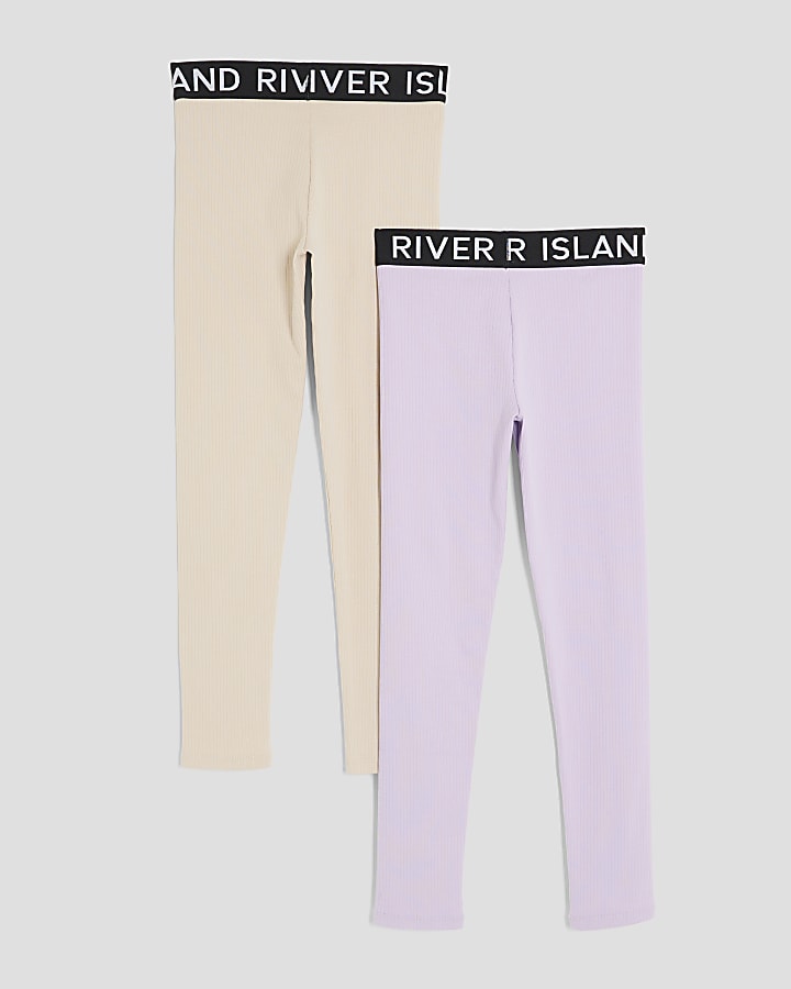 Girls Purple and Beige Ribbed 2 Pack Leggings