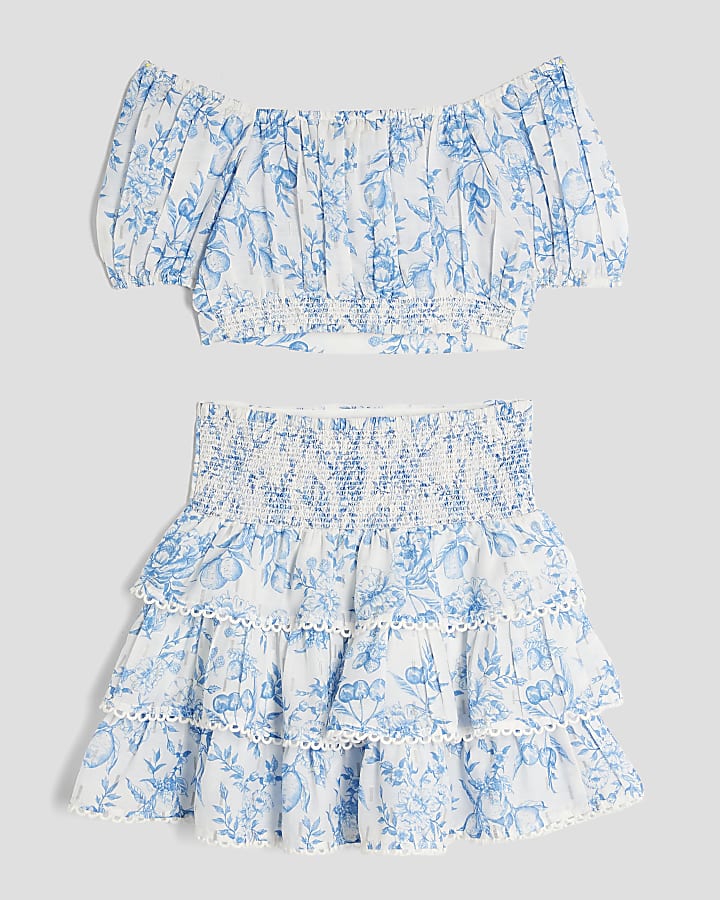 Girls Blue Fruit Print Skirt Set