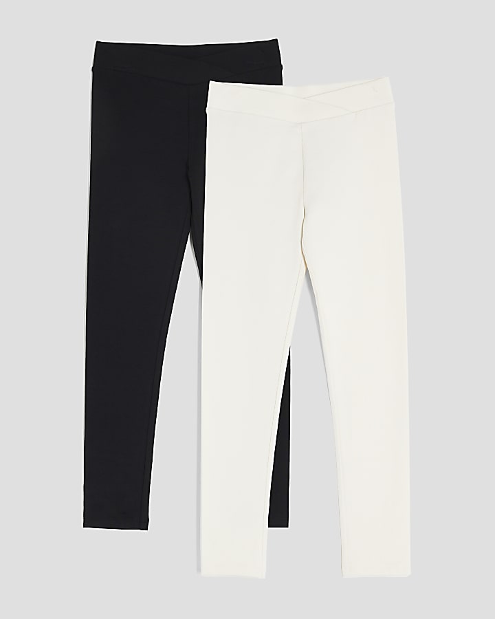 Girls Cream Pack Of 2 Cross Front Leggings