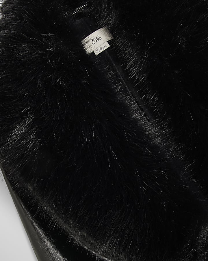 Girls Black Vinyl Faux Fur Wrap Coat