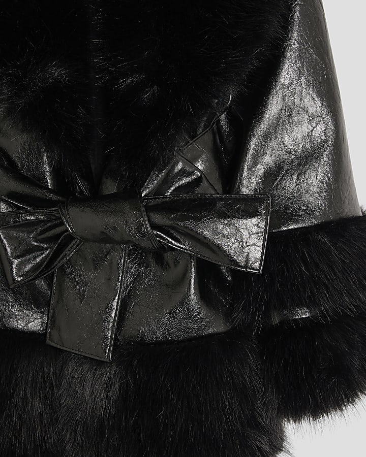 Girls Black Vinyl Faux Fur Wrap Coat