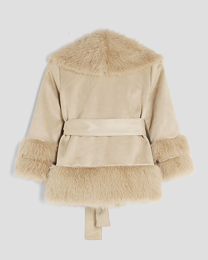 Girls Cream Faux Suede Faux Fur Wrap Coat