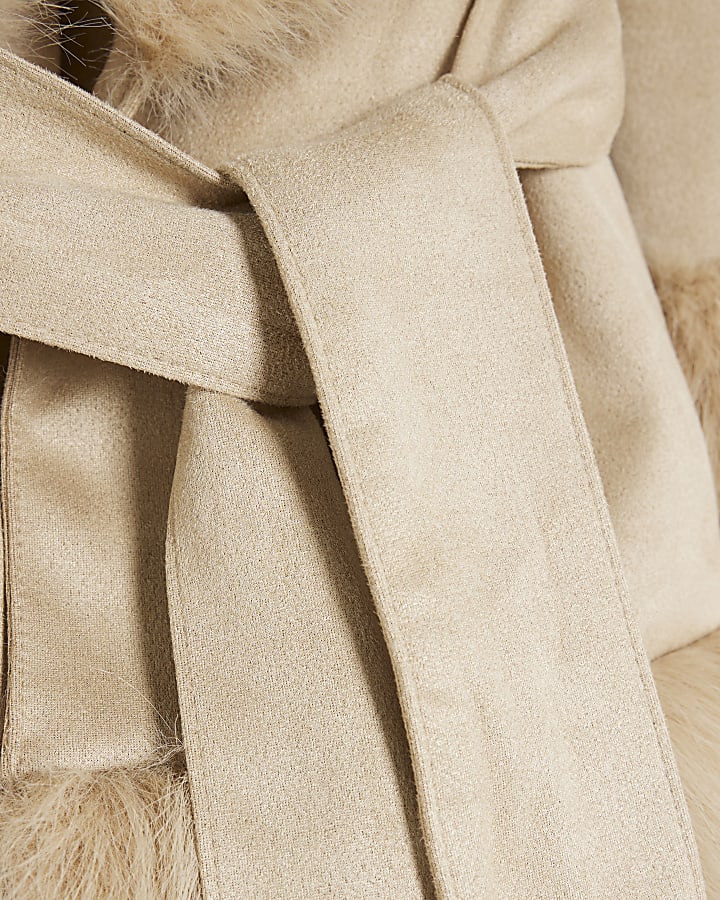 Girls Cream Faux Suede Faux Fur Wrap Coat