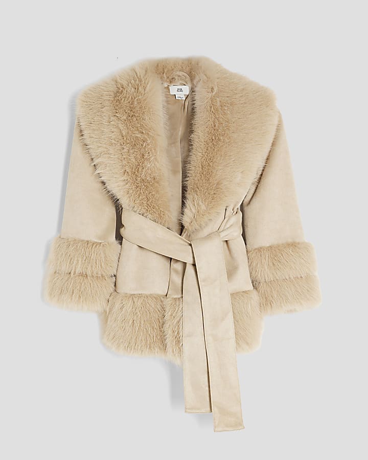 Girls Cream Faux Suede Faux Fur Wrap Coat