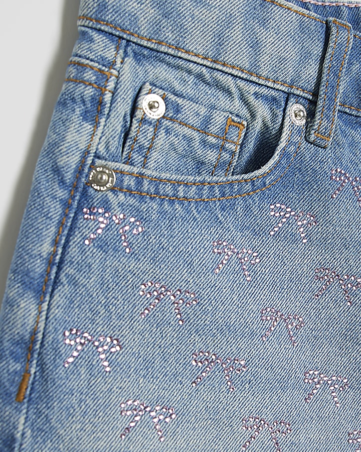 Girls Denim Pink Bow Diamante Shorts