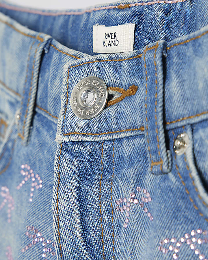 Girls Denim Pink Bow Diamante Shorts