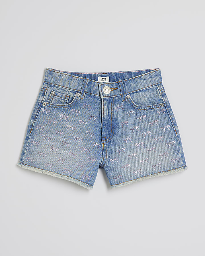 Girls Denim Pink Bow Diamante Shorts